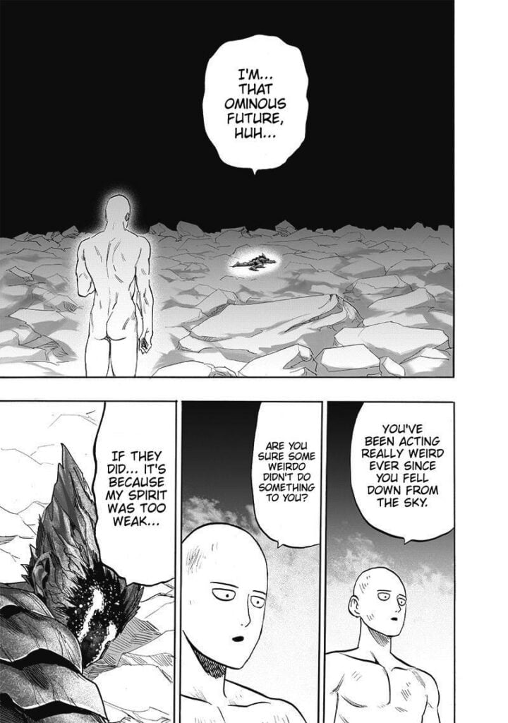 Saitama stands naked and asks some questions to Garou, who is still crying while on the ground.