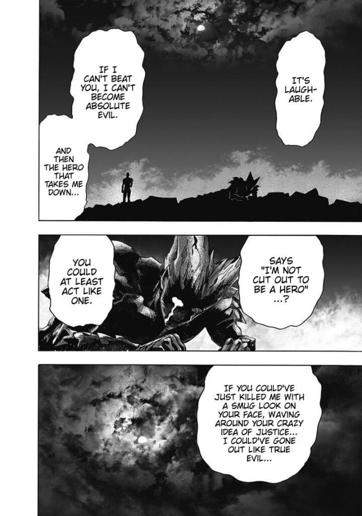 Garou continues to cry while Saitama stands behind him. The moon starts shining above them.