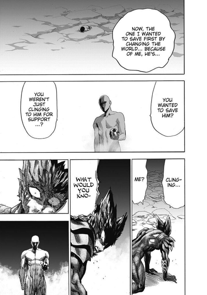 Garou slowly stands up and sees the naked Saitama still holding Genos' core. Tareo is still lying lifeless.