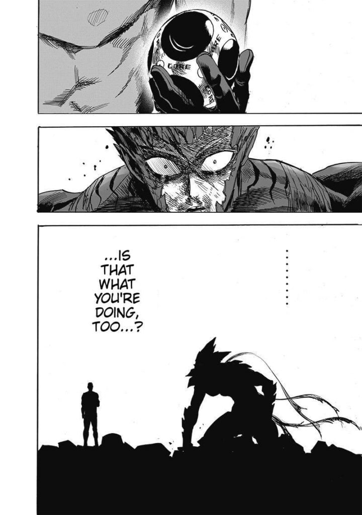 Garou discovers Saitama is holding Genos' core as a form of his support.