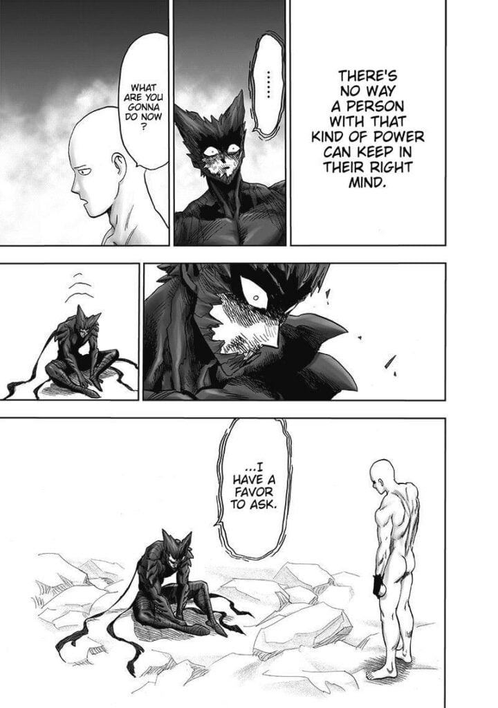 Garou is surprised. He sits on the ground while facing Saitama. He asks Saitama for a favor.