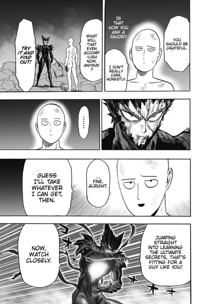 Saitama agrees to copy Garou's moves. Garou starts moving his arms while his chest glows.