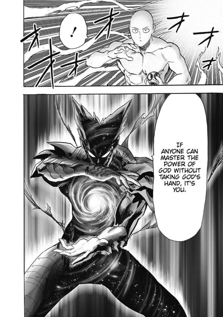 Saitama mimics Garou's moves. A swirling light suddenly appears between Garou's hands.