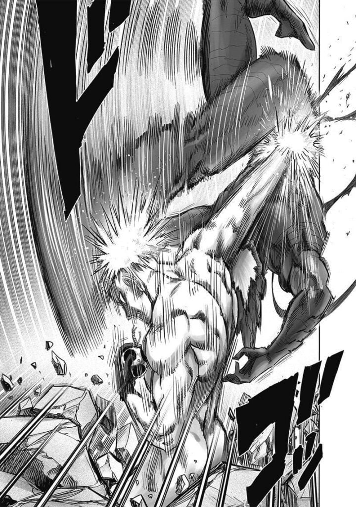 Saitama notices Garou and punches him on his side. Garou counters with a kick on Saitama's bald head.