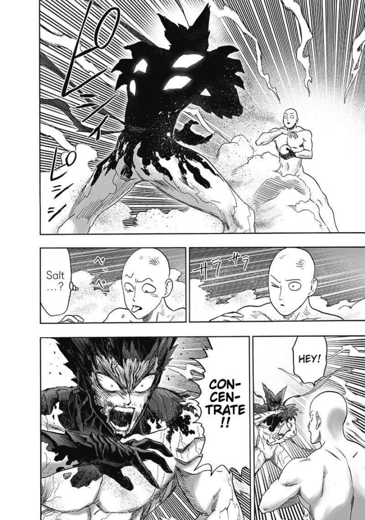 Garou's black scales start dissipating. He tells Saitama to taste salt, but Garou tells him to concentrate.