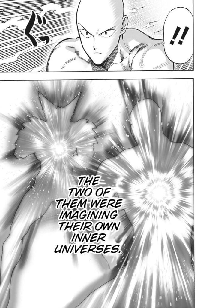 Saitama starts becoming serious. Saitama and Garou's chests start to glow, creating a blinding light around them.