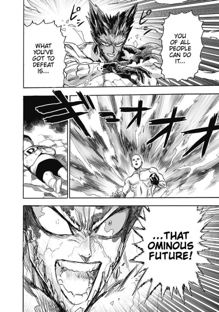 Garou starts smiling as he tells Saitama to defeat the Ominous Future. Saitama looks surprised while covered in light.