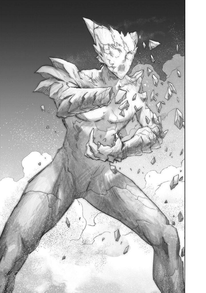 Garou becomes a statue of salt and starts crumbling.