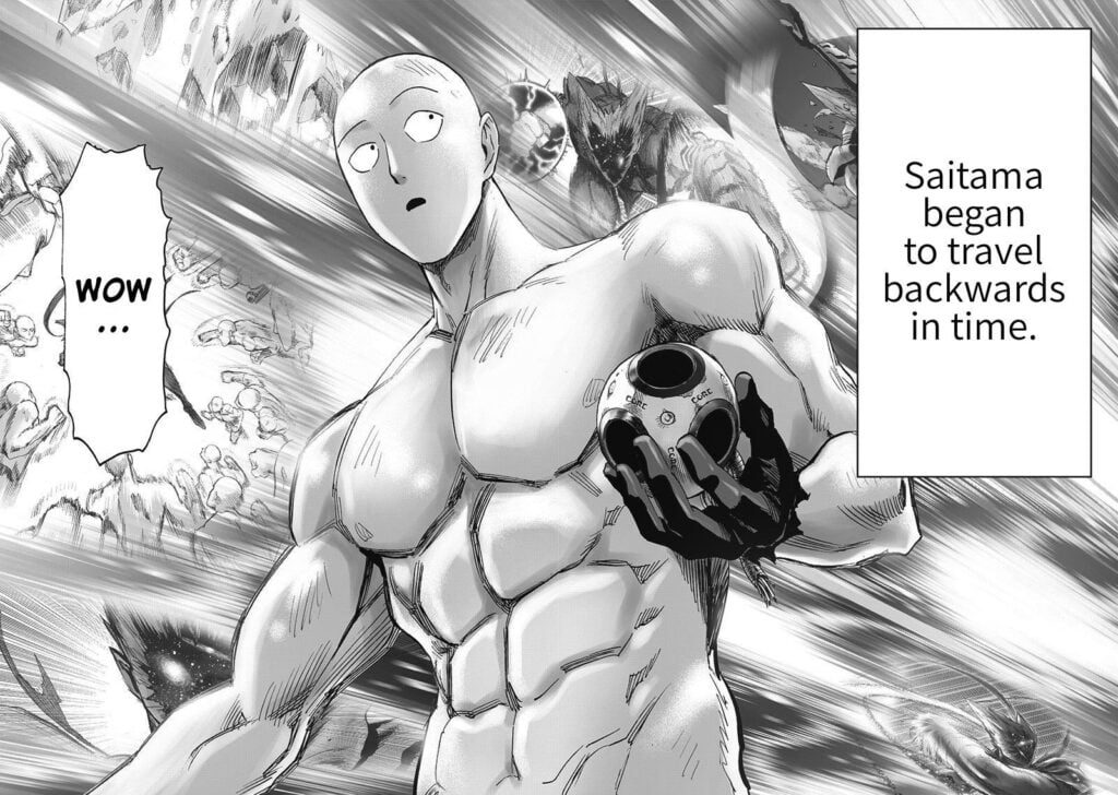 Saitama sees his fight with Garou as he travels backward in time while holding Genos' core.