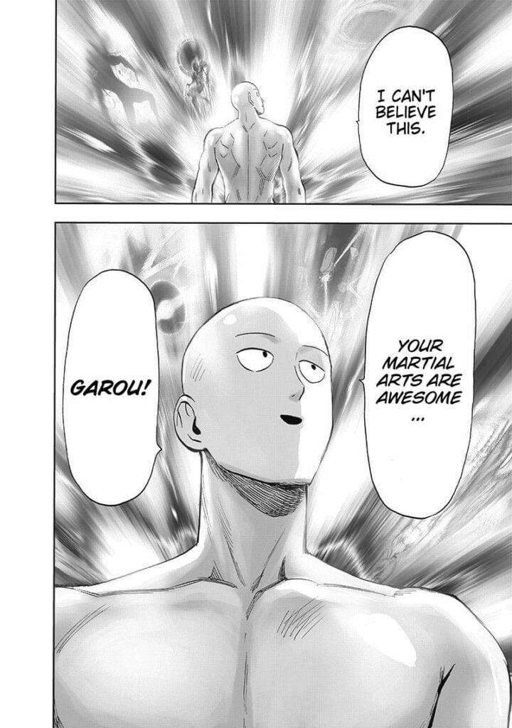 Saitama admires Garou's martial arts while traveling in time.