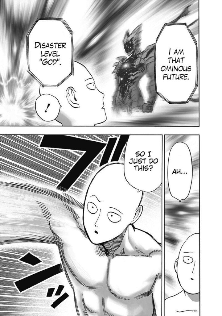 Saitama sees the Awakened Cosmic Garou. He swings his arm at him.