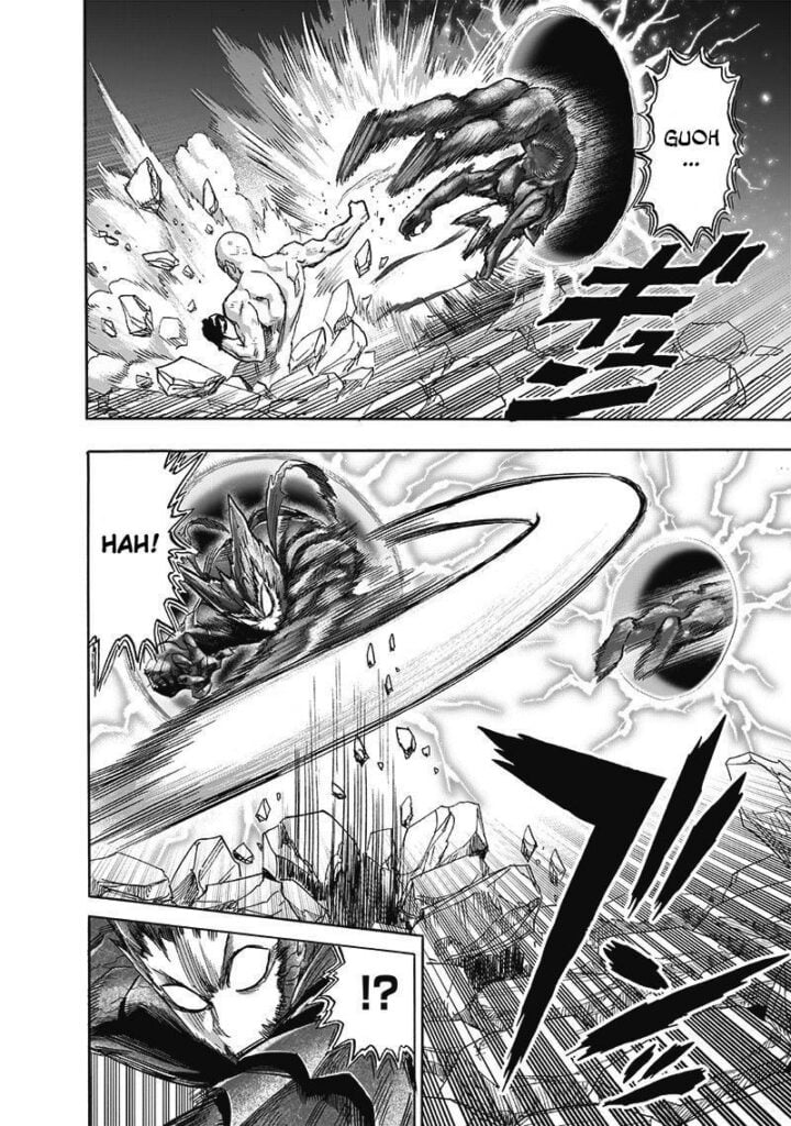 Garou gets thrown back inside his hyperspace gate. He makes another one and punches Saitama. Saitama dodges.