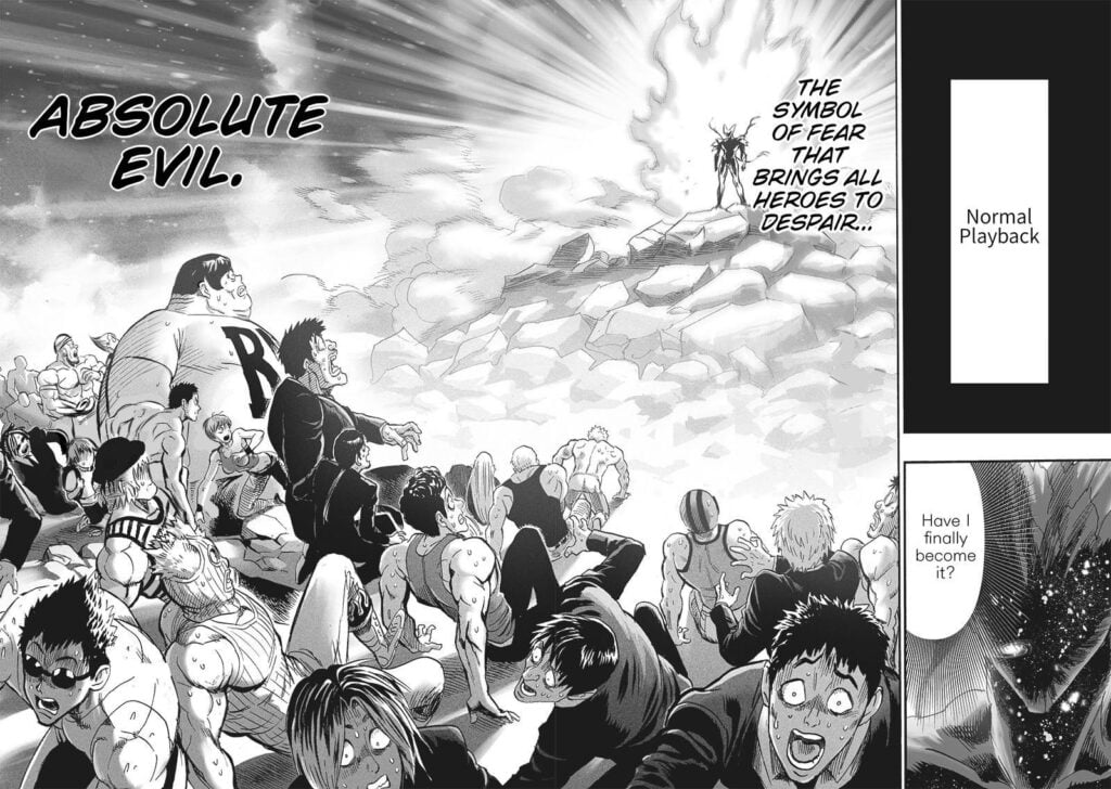 The scene cuts to when Garou becomes Awakened Cosmic Garou, and the heroes start running away from him.