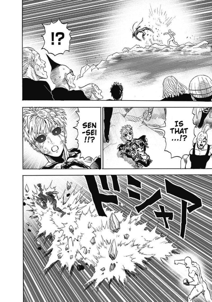 Genos and the other heroes see Saitama punching Genos in the face.