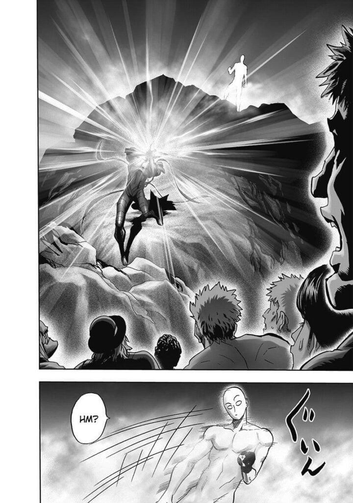 The heroes see Garou's face glows while Saitama stands on the rock. Naked Saitama tilts to his left.