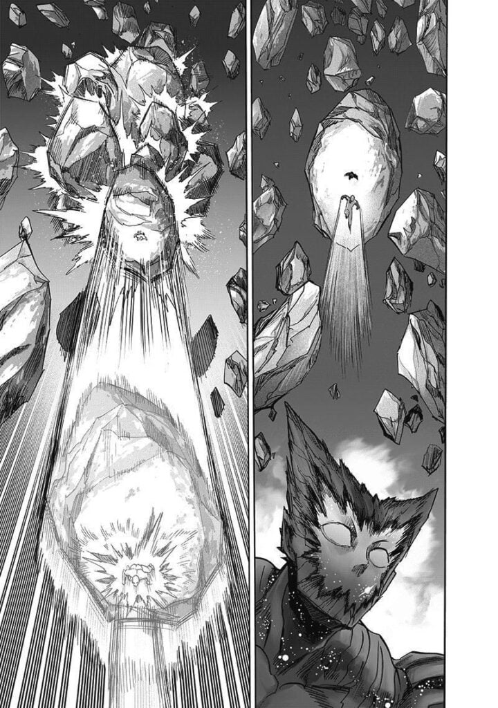 Saitama jumps over Garou and uses the rocks above as a foothold to attack him.