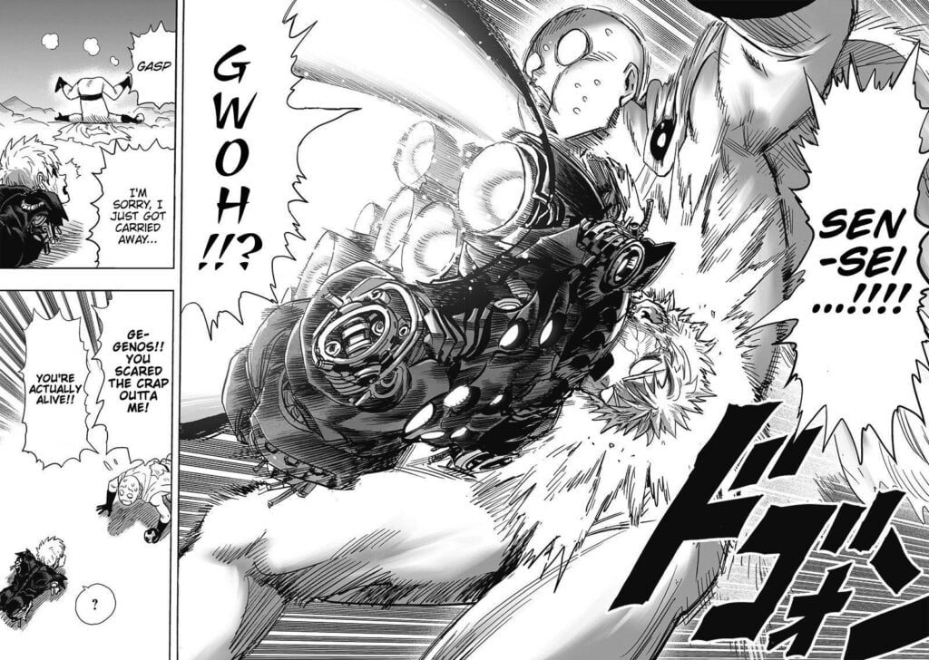 Suddenly, Genos accidentally tackles Saitama on his stomach after he gets carried away. The two reunites.