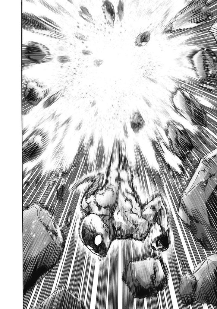 Saitama destroys the huge rocks he made as a foothold and jumps downwards.