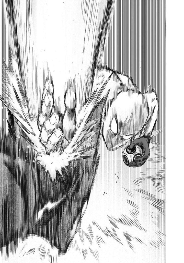 Saitama hits Garou's head with a karate chop.