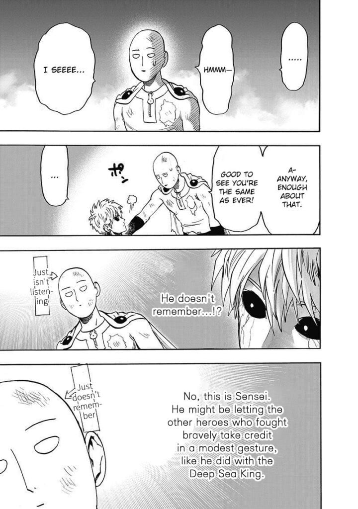 Saitama taps Genos' shoulder after seeing him alive.  