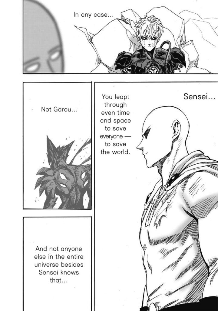 Genos admires Saitama after he leaped through time and space to save them. Saitama stands steadfast.