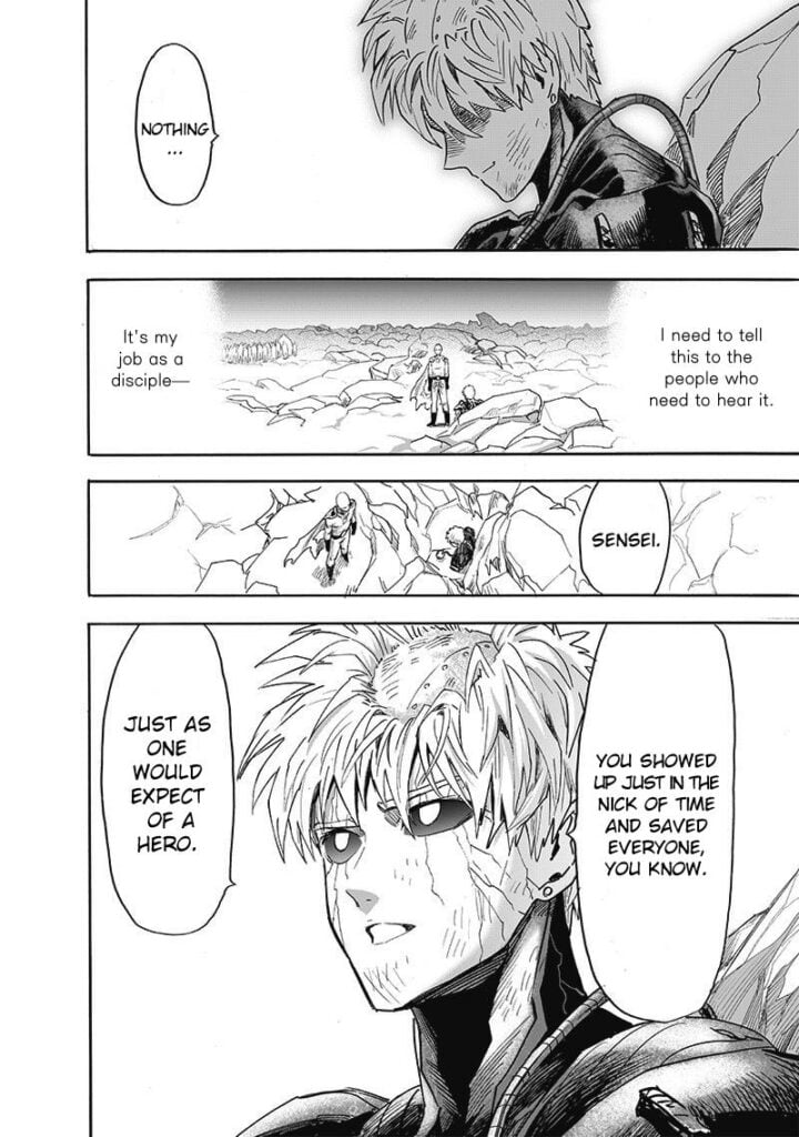 Genos tells Saitama that his timing was perfect for saving everyone. Saitama stands in front of him.