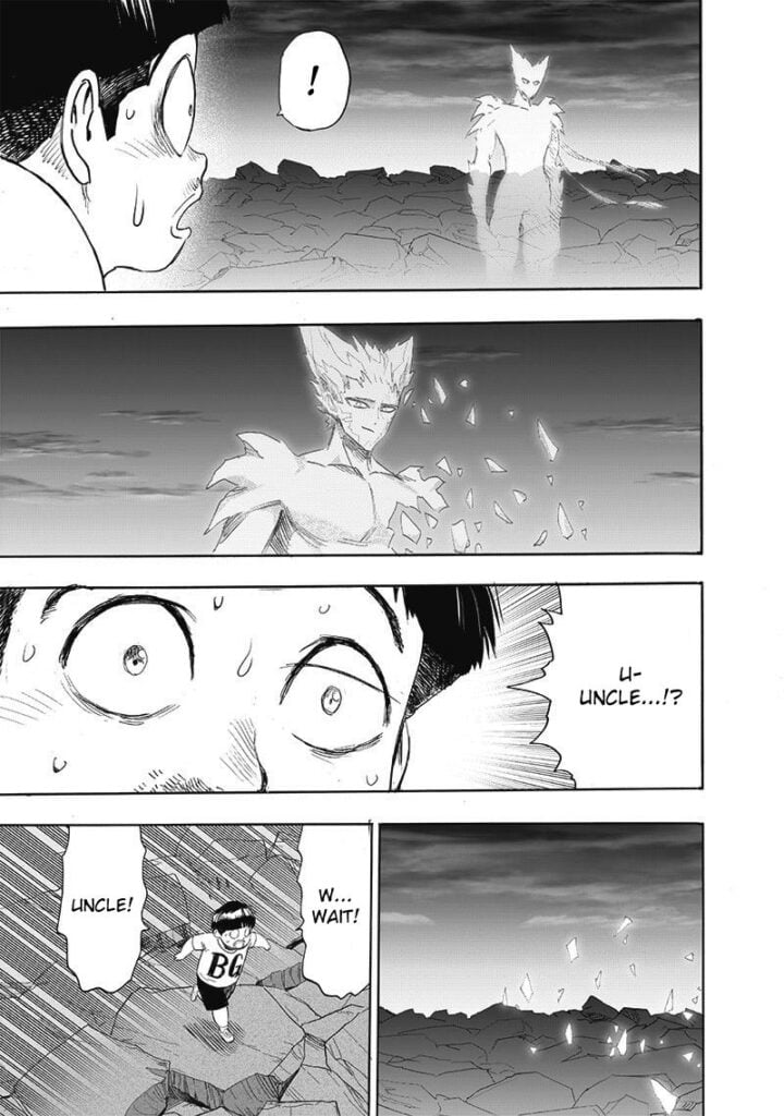 Tareo sees Garou's ghost, which slowly crumbles. He runs towards him.