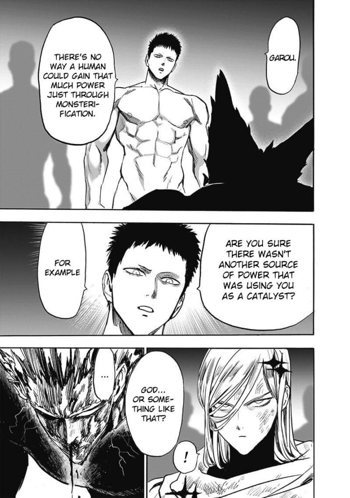 Naked Zombieman asks Garou about God giving him powers. Garou and Flash listen intently.