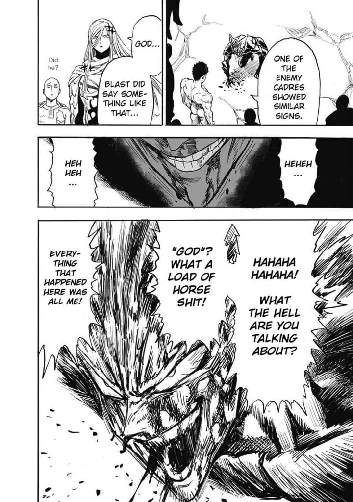 Flashy Flash remembers what Blast also said about God. Garou laughs at them, saying he did everything by himself.