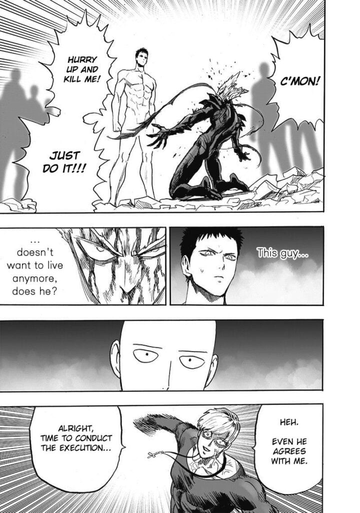 Garou kneels and proudly tells Zombieman to execute him. Sweet Mask dashes to kill Garou.
