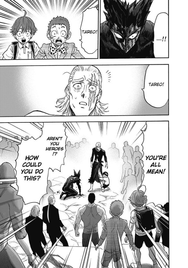 Waganma, Child Emperor, Garou, King, and the heroes around Garou are shocked about Tareo stopping the execution.