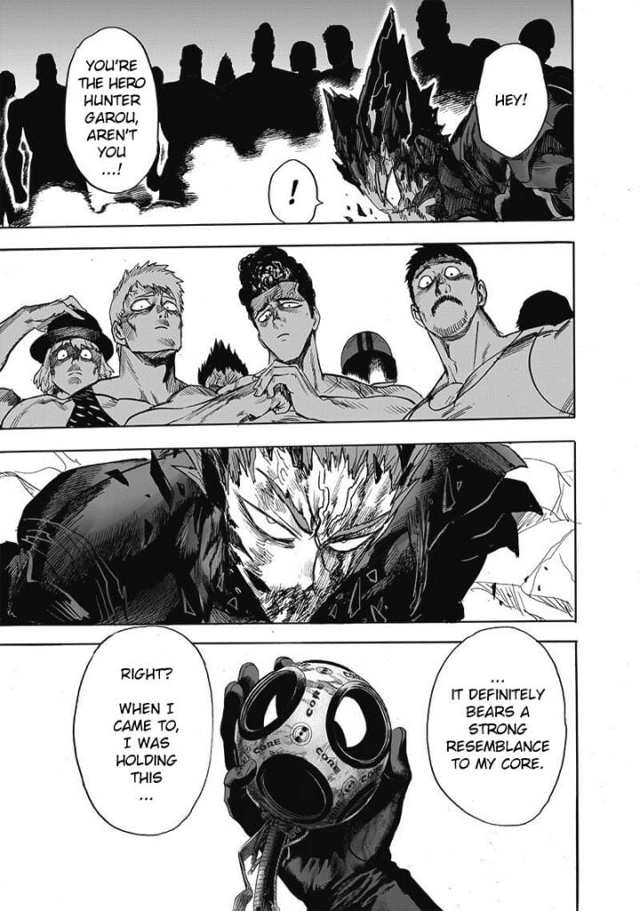 Some heroes approach Garou, who is still kneeling and injured after Saitama's punch.