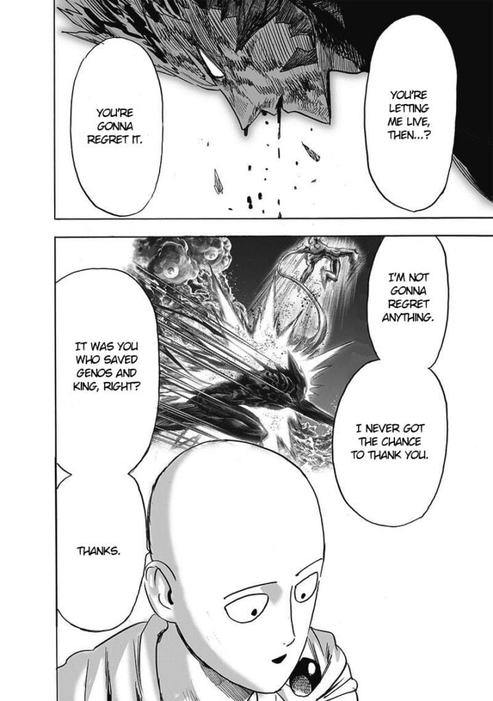 Saitama thanks Garou for saving King and Genos during the previous fight with the monsters.