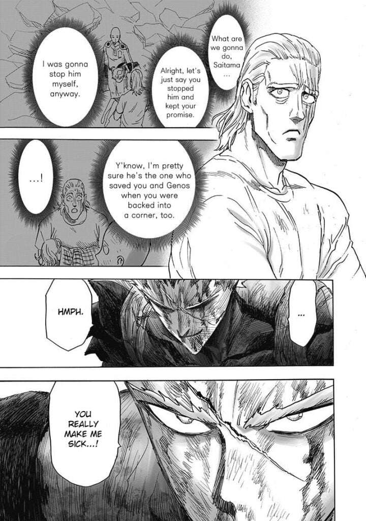 King remembers his previous conversation with Saitama. Garou smiles after hearing Saitama's words.