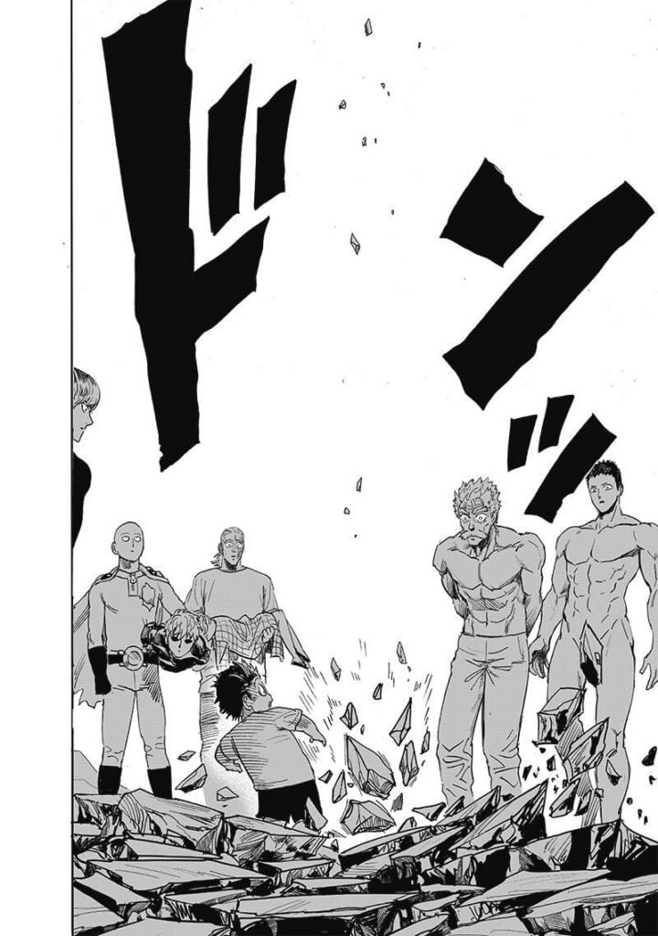 Garou suddenly jumps high, disturbing the rocks around and leaving the heroes as well, including the kid, Tareo.