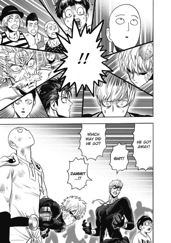 The heroes are shocked after Garou escapes. Saitama just looks up.