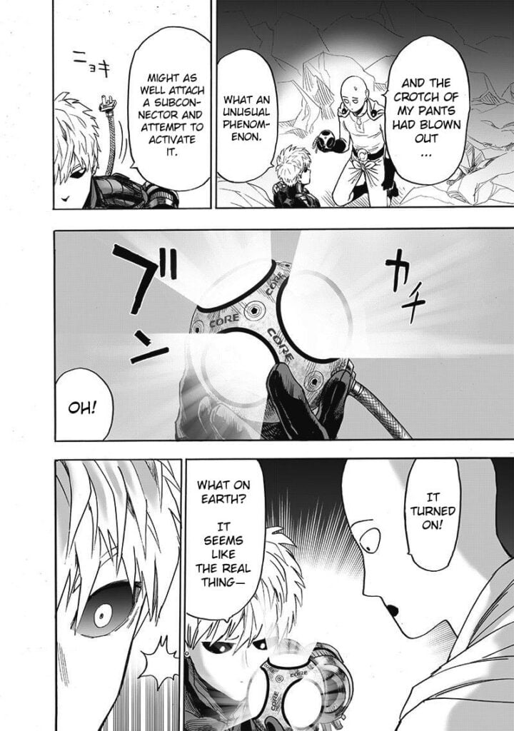 Saitama gives Genos' jis core. The core lights up after Genos connects it to himself.