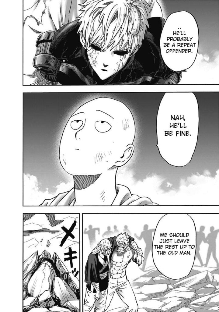 Genos says Garou might be a repeat offender. Saitama replies he's going to be fine because of old man Bang.