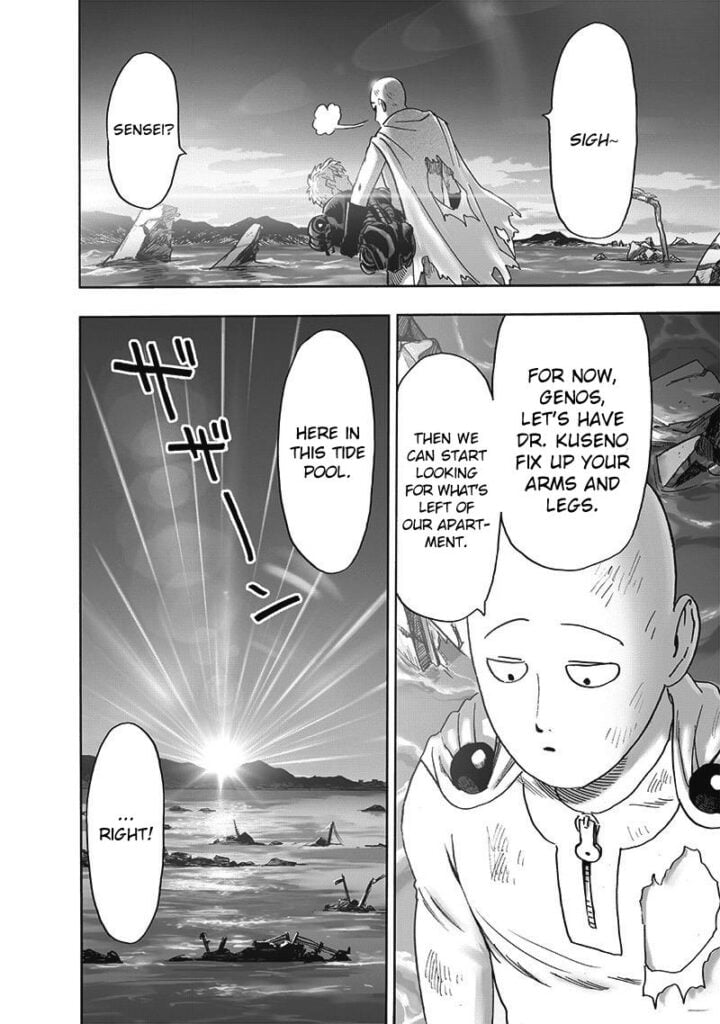 Meanwhile, Saitama walks across the tide pools, facing the sunrise and bringing Genos with him.