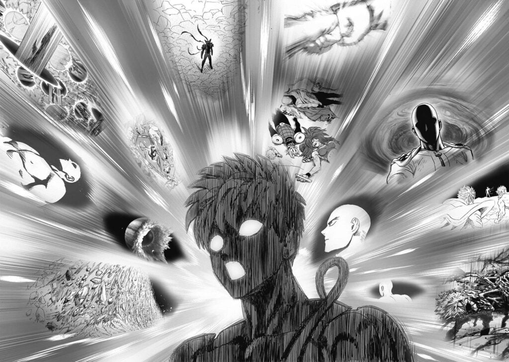 Genos's eyes and mouth glow after he sees a recording of Saitama's fight against Awakened Cosmic Garou on Jupiter's moon.