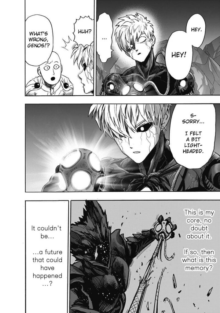 Saitama asks Genos in surprise. Genos confirms this to be his core and remembers the time when Garou rips it out.