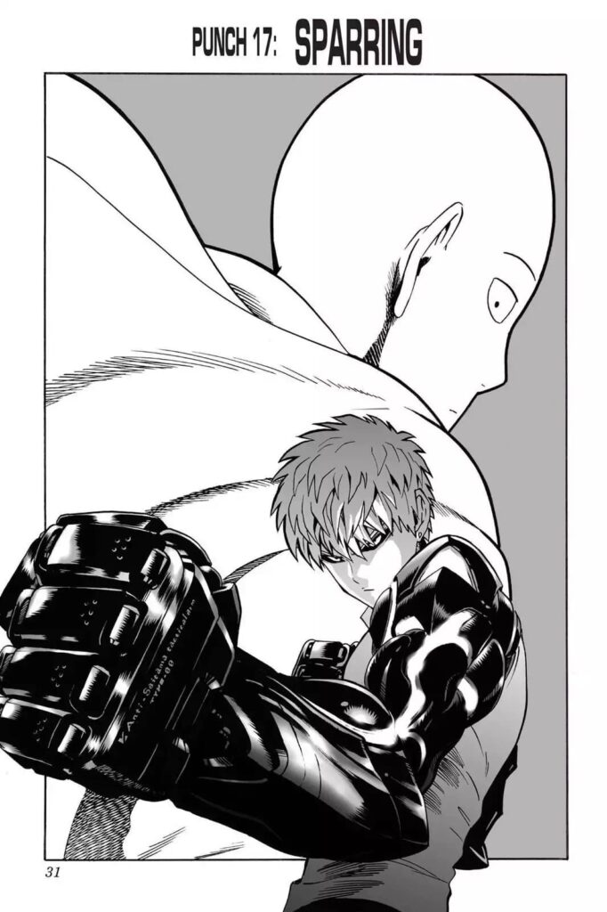 Genos is in the foreground in a fighting stance, while a bigger image of Saitama is in the background.