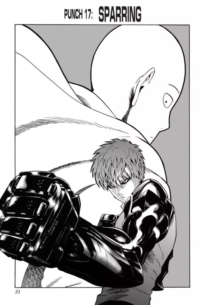 Genos is in the foreground in a fighting stance, while a bigger image of Saitama is in the background.