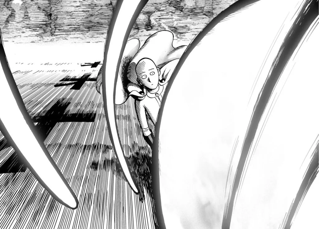 Saitama dodges the blast by tilting his body to the right.