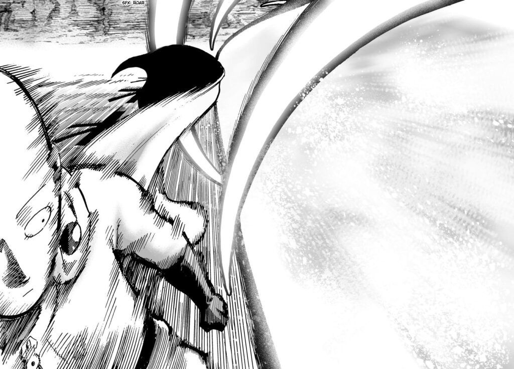 The powerful energy blast from Genos misses Saitama sensei.