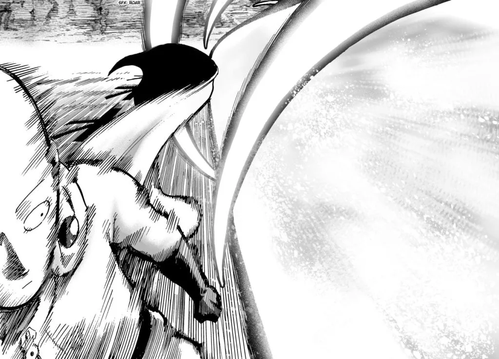 The powerful energy blast from Genos misses Saitama sensei.