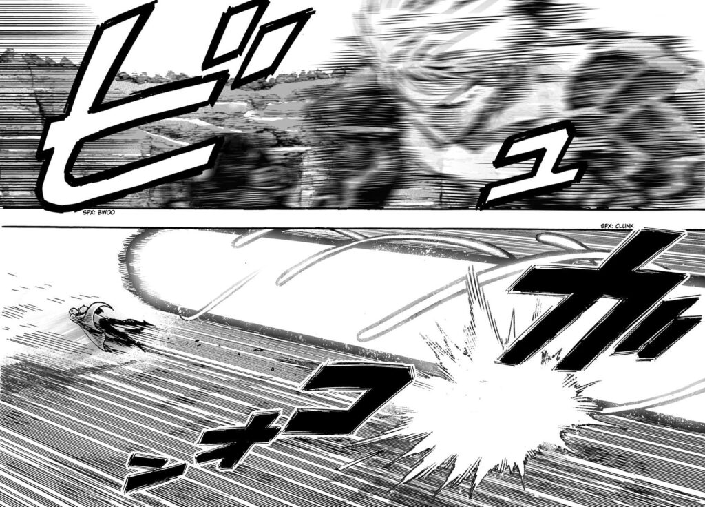 Genos tackles Saitama at ultra-speed.