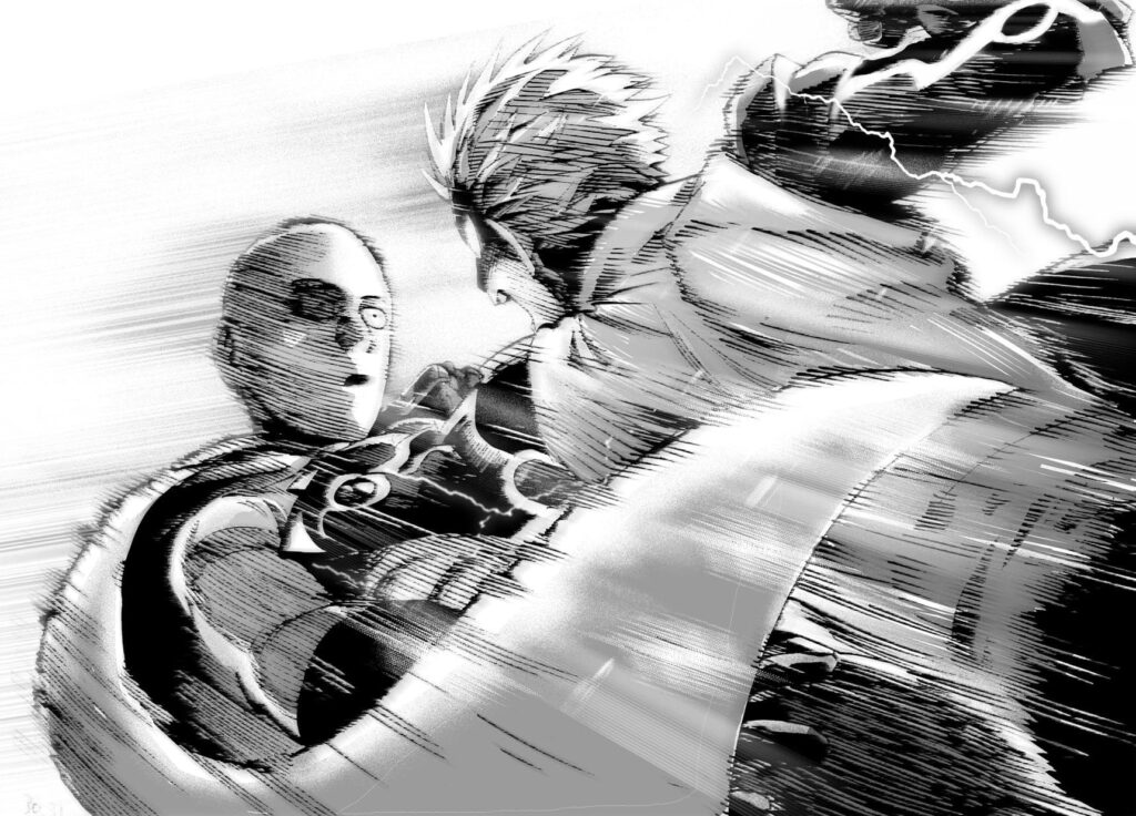 Genos gets close to Saitama and prepares a strong punch.