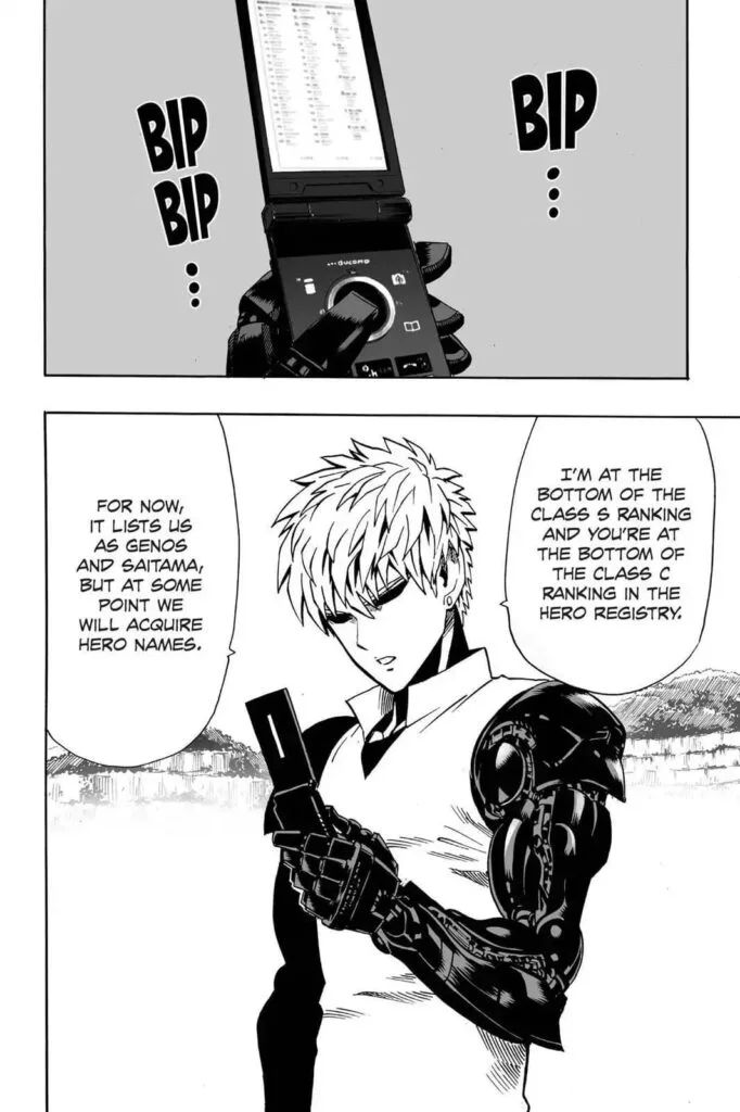 Genos checks his phone for the hero names nominated by the Hero Association.