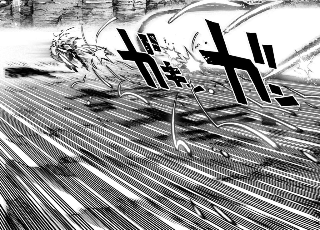 Genos attacks Saitama while the energy blast is still traveling beside them.